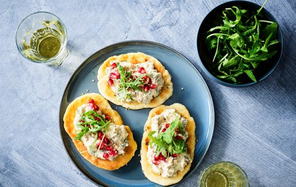 flatbread, knoflook, aubergine, hummus, dip, auberginedip, veggie, hapje, apero, spar.be