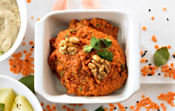 Hummus, hapje, dip, apero, aperitief, paprika, walnoten, paprikahummus, spar.be