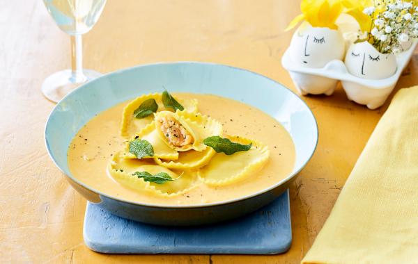 Ravioli, Pasta, Pasen, vis, saus, pompoen, lente, comfort, voorgerecht, krab, spar.be