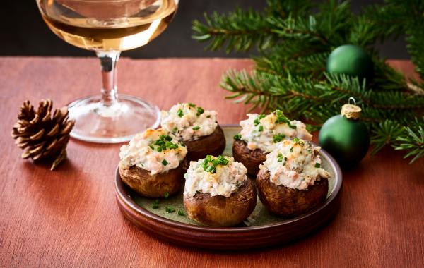 hapje, aperitief, champignons, tapas, Kerstmis, Eindejaar, zalm, vis, kaas, geitenkaas, kastanjechampignons, spar.be