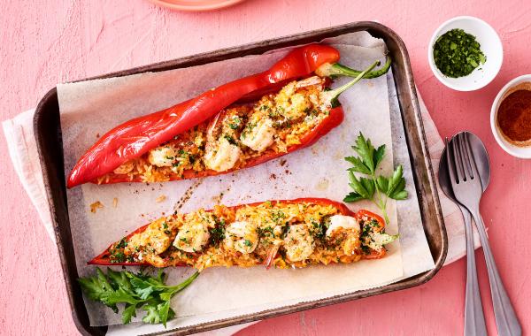 scampi, rode paprika, paprika, diaboliqe, pittig, oven, lunch,rijst, spar.be