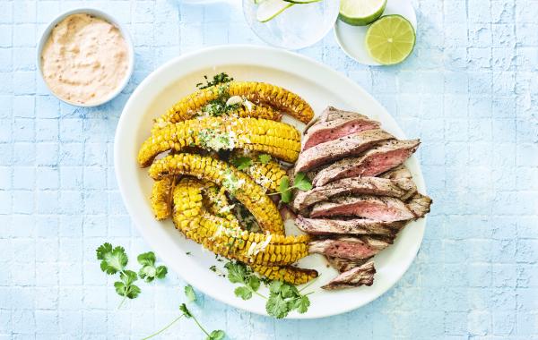 maïs, Mexicaans, steak, biefstuk gegrilde steak, maïsribbekes, powerfood, spar.be