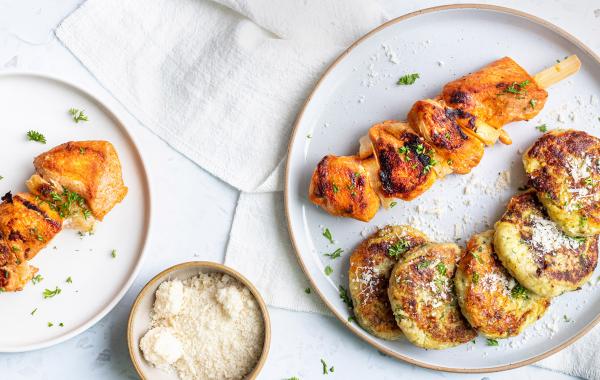 aardappel, aardappelkoekje, kaas parmezaanse kaas, brochette, kip, gevogelte kipbrochette, spar.be