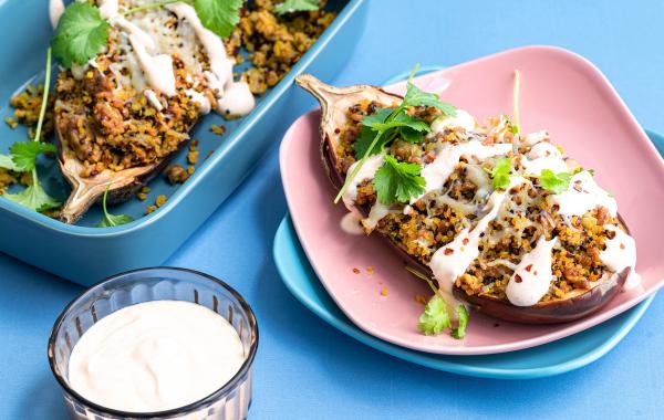 aubergines, spicy gehakt, gemengd gehakt, powerfood, zuiders, quinoa, lunchidea, spar.be