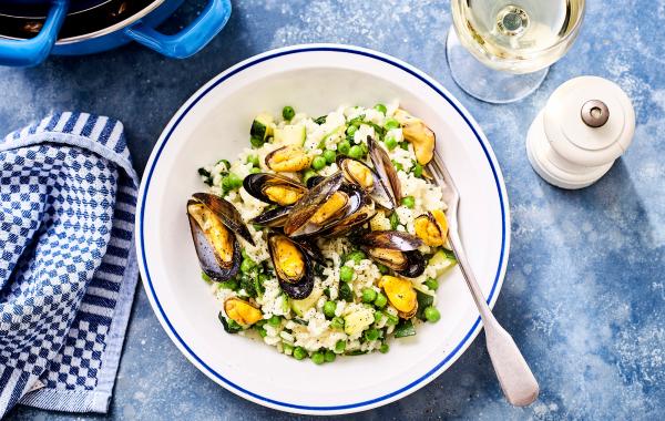 Risotto, mosseltjes, groene groenten, zomers