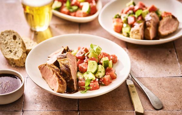 varkenshaasje, fris, watermeloen, komkommer, bbq, barbecue