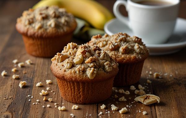 muffins met notencrumble bovenop en een tasje koffie in de achtergrond