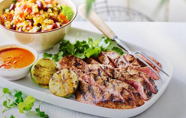 biefstuk, steak, barbecue, bbq, gemarineer, habanerosaus, maissalsa, salsa, mexicaans, spar.be